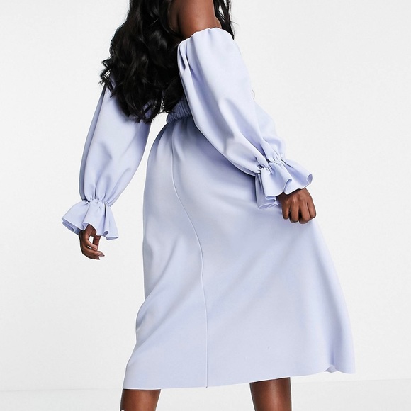 ASOS design shirred bardot blouson sleeve midi prom dress in baby blue - Picture 1 of 5